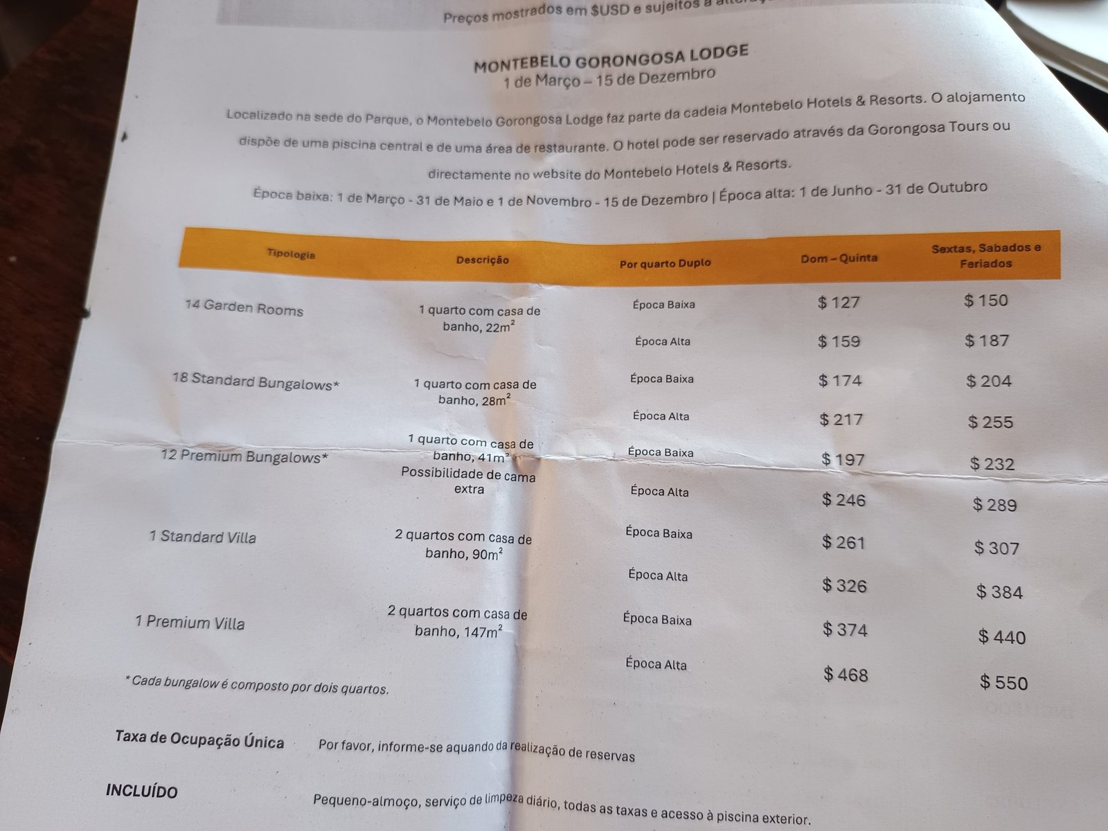 Precios de los alojamientos en parque nacional de Gorongosa