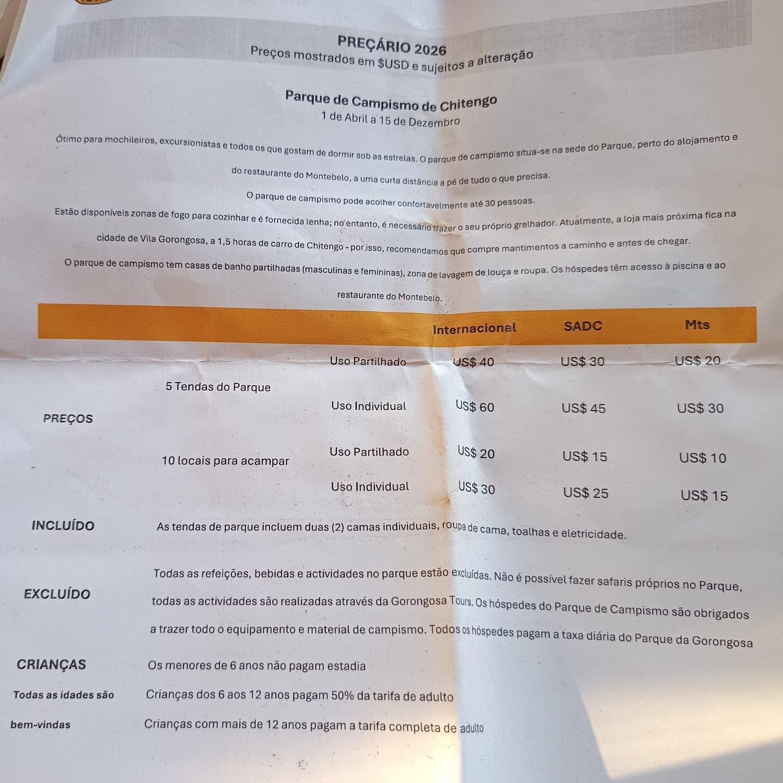 Precios del camping en el parque nacioanl de Gorongosa
